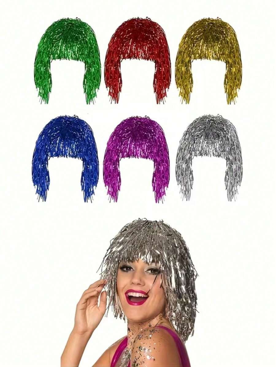 6/1pc Metallic Glitter Wig, Shiny Plastic Party Wig, Suitable For Cosplay And Birthday Party, No Feathers, No Electricity Required, Multiple Colors In Stock - Multiple Styles - View 1