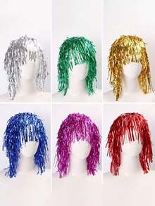 6/1pc Metallic Glitter Wig, Shiny Plastic Party Wig, Suitable For Cosplay And Birthday Party, No Feathers, No Electricity Required, Multiple Colors In Stock - Multiple Styles - View 7