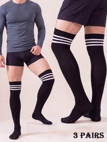 2/3 Pairs Men's Classic Striped Elastic Breathable Comfortable Over-The-Knee Socks, Suitable For Party, Business, Casual, Daily Wear, Gift - Black and White - View 9