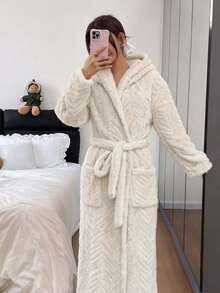 Autumn/Winter Thickened Jacquard Hooded Robe, Warm Coral Fleece Bathrobe With Belt And Pockets, Home Sleepwear - White - View 4