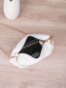 Sac de soirée en dentelle florale pour femmes, sac à bandoulière élégant avec chaîne de perles, sac à main mini bandoulière à double chaîne pour mariage et fête - Blanc - Voir 7
