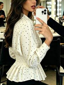 SuofeiMan Women's White Polka Dot Blouse, Long Puff Sleeve Collared Button-Up Top With Ruffle Hem, Casual White Dress-Style Top, Suitable For Daily Commute And Party, Autumn/Winter Essential - Beige - View 5
