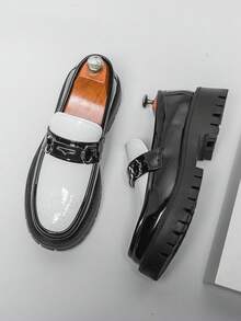Men's Versatile Business Casual Thick Sole Height-Increasing Slip-On Black & White Colorblock Loafers - White - View 3
