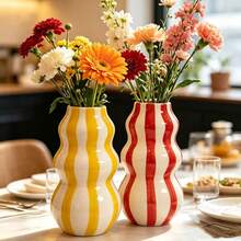 1pc Rustic Ceramic Vase - 1pc Asymmetrical Gourd-Shaped Striped Abstract Vase, Suitable For Fresh Flowers | Countertop And Living Room Shelf Decor - Ideal Valentine's Day And Mother's Day Gift - Multi-color - View 1