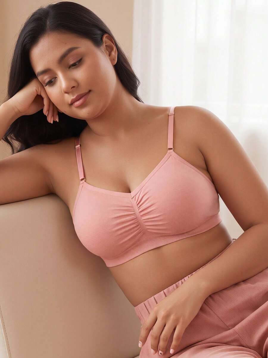 CELILIN Plus Size Women's Ruched Front Wireless Bra, Stretchy Bralette With Wide Band For Daily Wear & Lounging - Pink - View 1