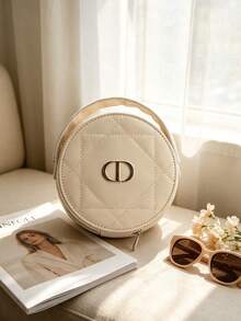 Dior Quilted Round Cosmetic Bag With Metal Logo Zipper Closure, Portable Travel Makeup Storage Bag With Top Handle, Women's Beauty Storage Gift - Pink - View 5