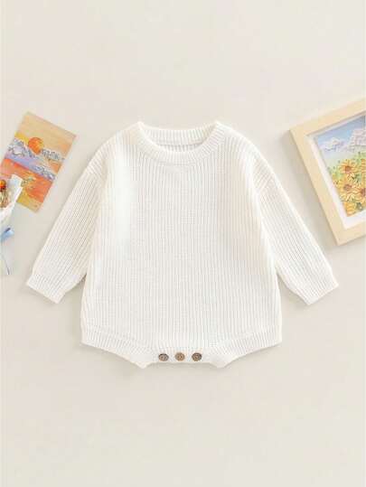 Baby Sweater Romper Long Sleeve Round Neck Solid Color Knit Bodysuit Infant Outfit