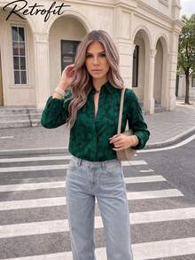 Plus Size Women's Elegant Long Sleeve Shirt With Collar, Feminine Fit, Suitable For Autumn & Spring Seasons Lightweight French Style Blouse, Ideal For Summer Sun Protection And Vacation Women's Business Casual Shirt - Dark Green - View 3