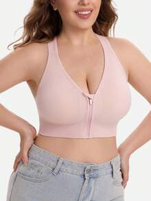 1pc Women's Plus Size Solid Color Front Zipper Sports Bra, Removable Padding Fitness Yoga Backless Tank Top - Baby Pink - View 5