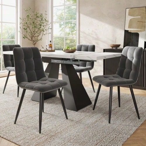 Dining Set (5-Piece), Dining Table Set, Extendable Dining Table Set For 4 People, 160*80*75cm Dining Table With 4 Dining Chairs, Grey Velvet Dining Chair, White Dining Table With Pedestal Legs - White - View 1