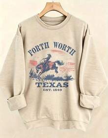 Women's Western Style Fort WorthTexasEST1849CowboyPatternHoodieSoftCrewNeckPulloverWith Cactus And Longhorn DesignComfortableCasualLongSleeve Sweater - 杏色3 - 查看 2