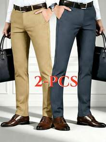 2pcs Men's Spring/Autumn Business Professional Fashion Casual Suit Pants, Suitable For Office Commute, Weekend Outings And Other Occasions - Multicolor - View 1
