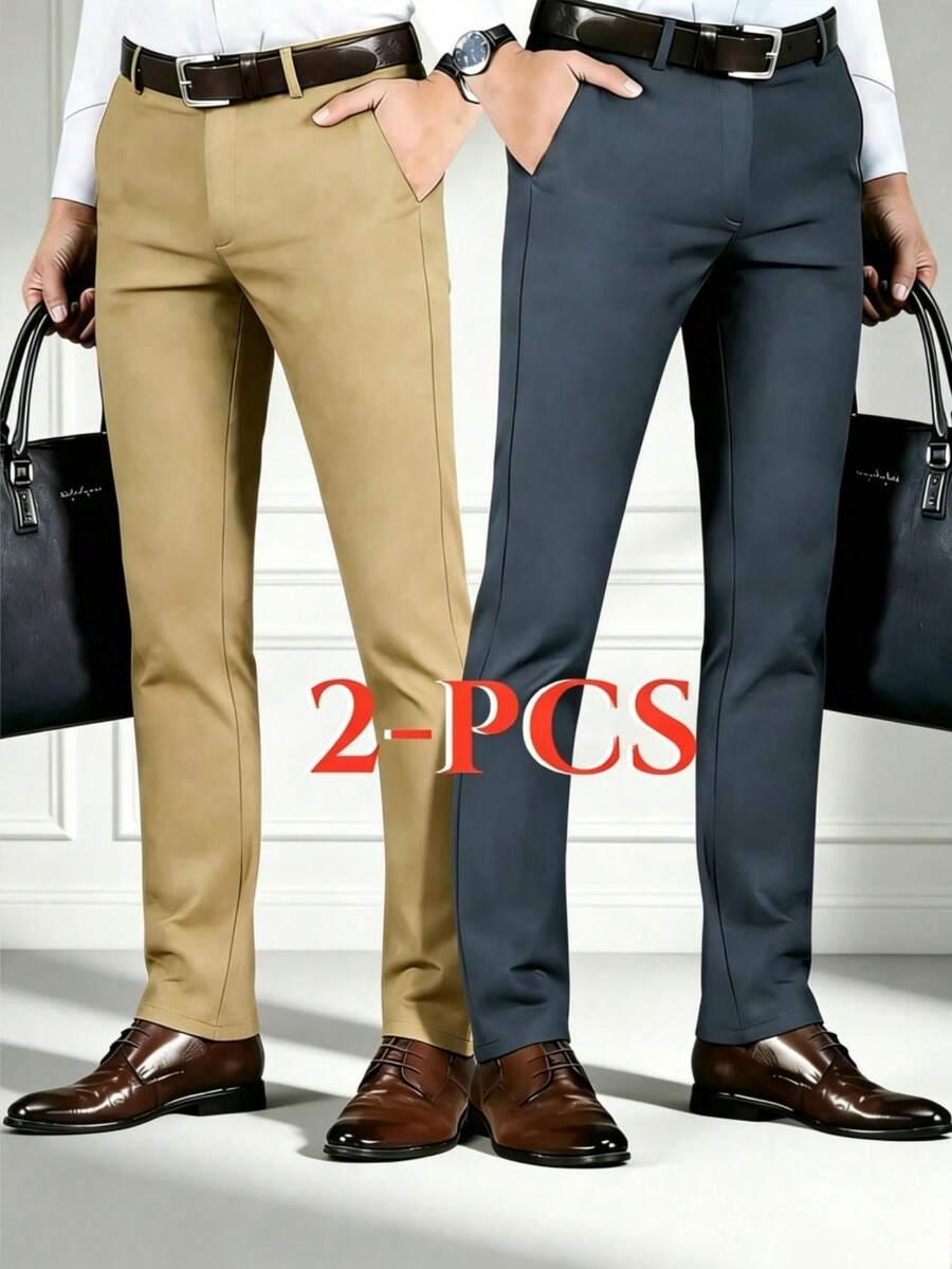 2pcs Men's Spring/Autumn Business Professional Fashion Casual Suit Pants, Suitable For Office Commute, Weekend Outings And Other Occasions - Multicolor - View 1