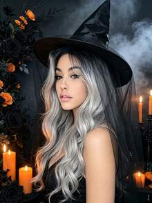Black Root To Silver Gray Gradient Middle Part Large Wave Synthetic Wig, 26 Inch Long Water Wave Curly Hair For Women, Breathable Inner Net Adjustable Cap, Voluminous Natural Long Curly Hair Wig, Suitable For Daily Wear, Halloween Cosplay, Party, Holiday Dress-Up, Photo Shoot Styling - Ombre - View 3