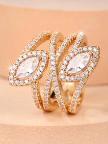 1 Stylish Double-Layer Interlaced Openwork Full-Set Cubic Zirconia Double-Centerstone Design Women's Ring - A Glamorous Evening Ring For Women - Yellow Gold - View 3