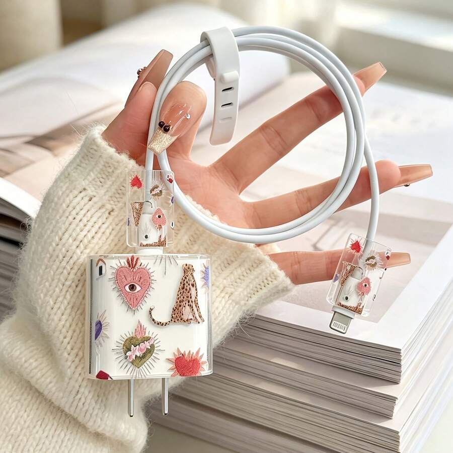 3pcs Leopard Heart Design Charger And Cable Protector Set, Anti-Breakage Cable Organizer, With Cable Protection And Charging Head Set, Compatible With IPhone 20W/18W Charger - Multicolor - View 1