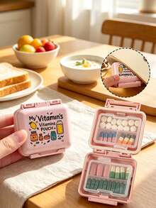 迷你 6 格便攜藥盒，收納盒，旅行藥盒，印有「My Vitamins」和維生素圖案，6 格小藥盒，密封包裝收納盒，6 天週用藥盒，旅行必備藥盒，日常維生素藥盒，口袋藥盒，精緻收納盒，居家必備，旅行必備 - 彩色 - 查看 5