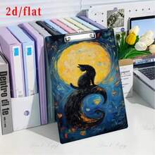 1pc 2D/Flat A4 Colorful Printed Acrylic Clipboard With Metal Clip - Creative Moonlight Black Cat Design, Writing & Drawing Pad, Multi-Functional Portable Loose-Leaf Binder, Hanging Metal Clip, Suitable For Office, School, Home Meetings, Ideal Gift For Teachers And Students - Multicolor - View 1