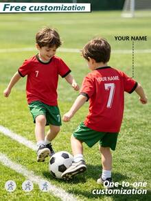 2pcs/Set Boys Soccer Jersey Set, Personalized Name/Club Customization, 7# Print Red Football Uniform, Short Sleeve & Shorts Set, Suitable For Boys & Girls, Sports, Cycling, Outdoor Running, Football, Star Player Style - Red - View 2