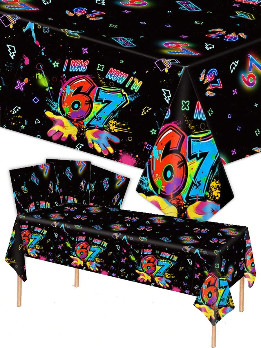 1/4pcs 137*274cm 6th/7th Birthday Decoration Tablecloth, Six/Seven Theme Birthday Party Decor SS, Suitable For Birthday Party, Glow In The Dark Neon Tablecloth, Disposable Tablecloth - View 1