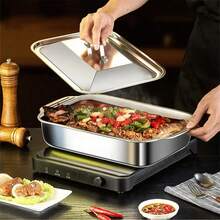 SOKANY 1pc Square Stainless Steel Baking Pan With Lid, Rectangular Baking Pan, Non-Stick Thickened, Dual Handles, Perfect For Grilling, Roasting Fish, Buffet, Essential Tool For Home Cooking, Hotel Restaurant And Food Stall - Other - View 3