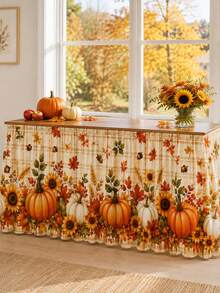 1pc Plaid Pumpkin Floral Table Skirt, Country Style Polyester Rectangular Table Skirt With Lace Wavy Hem, Sunflower And Maple Leaf Print, Suitable For Thanksgiving, Kitchen Dining Room, Autumn Decor, Wedding Decor, Kitchen Decor, Home Decor - Multicolor - View 9