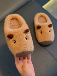 1 Pair Kids Fuzzy Slippers Winter Capybara Design, Suitable For Boys And Girls, New Cute Full-Cover Baby Plush House Shoes - Khaki - View 6