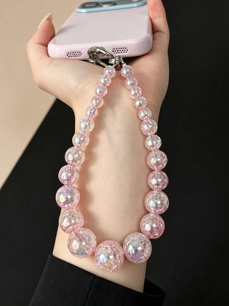 3pcs Y2K Pink Iridescent Beaded Phone Charm, Shiny Gradient Pink Beads Phone Lanyard, Sweet Pink Wrist Strap - Multicolor - View 1