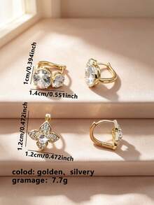 4pcs/Set Luxury Elegant Copper Inlaid Zirconia Geometric Petal Round Ear Studs, Sophisticated Women's Earrings For Party, Date, Gift - Multicolor - View 2