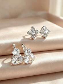 4pcs/Set Luxury Elegant Copper Inlaid Zirconia Geometric Petal Round Ear Studs, Sophisticated Women's Earrings For Party, Date, Gift - Multicolor - View 5