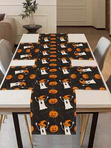 1pc Halloween Pattern Printed Linen Table Runner, Placemat, Suitable For Holiday, Party, Birthday, Dinner, Kitchen Dining Table Decoration, Shoe Cabinet Storage Cabinet Cover, All Season Room Decor, Home Textile Decoration Table Runner, Placemat - Multicolor - View 3