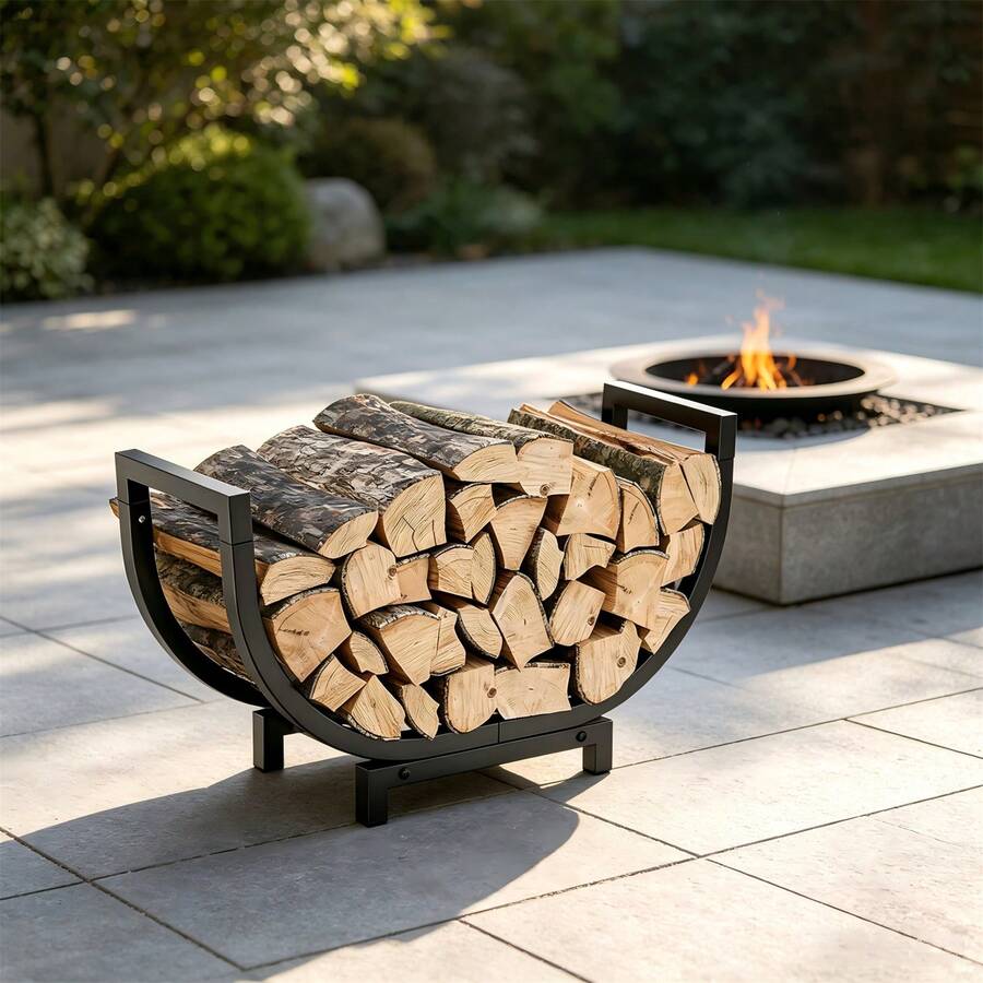 Curved Firewood Rack – Heavy Duty Log Holder, Elevated Fireplace Wood Storage, Sturdy Iron Stand For Fire Pit, Bonfire & Outdoor - Black - View 1