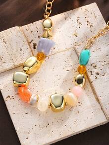 (Bead Color May Vary, Quantity Random) 1pc Simple Fashion Exaggerated Asymmetrical Beaded Necklace For Women, Sisters, Summer Vacation, Date, Gift, Daily Casual, Party, Wedding - Multicolor - View 3