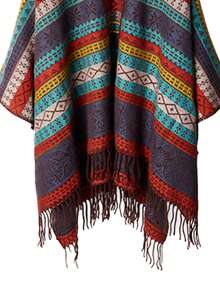 CAMEL CROWN Women's Bohemian Style Tassel Shawl Cape Open Front Knit Poncho Cardigan, Geometric Stripe Oversized Ruana Sweater, Autumn/Winter Travel Casual - Peacock Blue - View 3