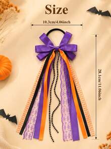 2pcs Halloween Bow Scrunchies For Kid Girls,Elegant Long-Tail Ribbon Plaid Hair Ties For Halloween Party,Day Of The Dead,Lace Headdress,Hair Accessory - Multicolor - View 5
