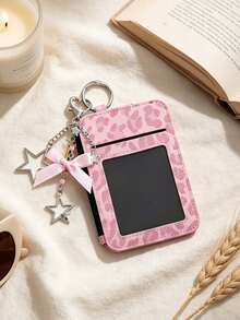 Multi‑Slot Leopard Print Card Holder With Star Bow Keychain,PU Mini Zipper Coin Purse,Thin Card Case Id Window,Portable Id Card Wallet Bag Charm - Multicolor - View 9