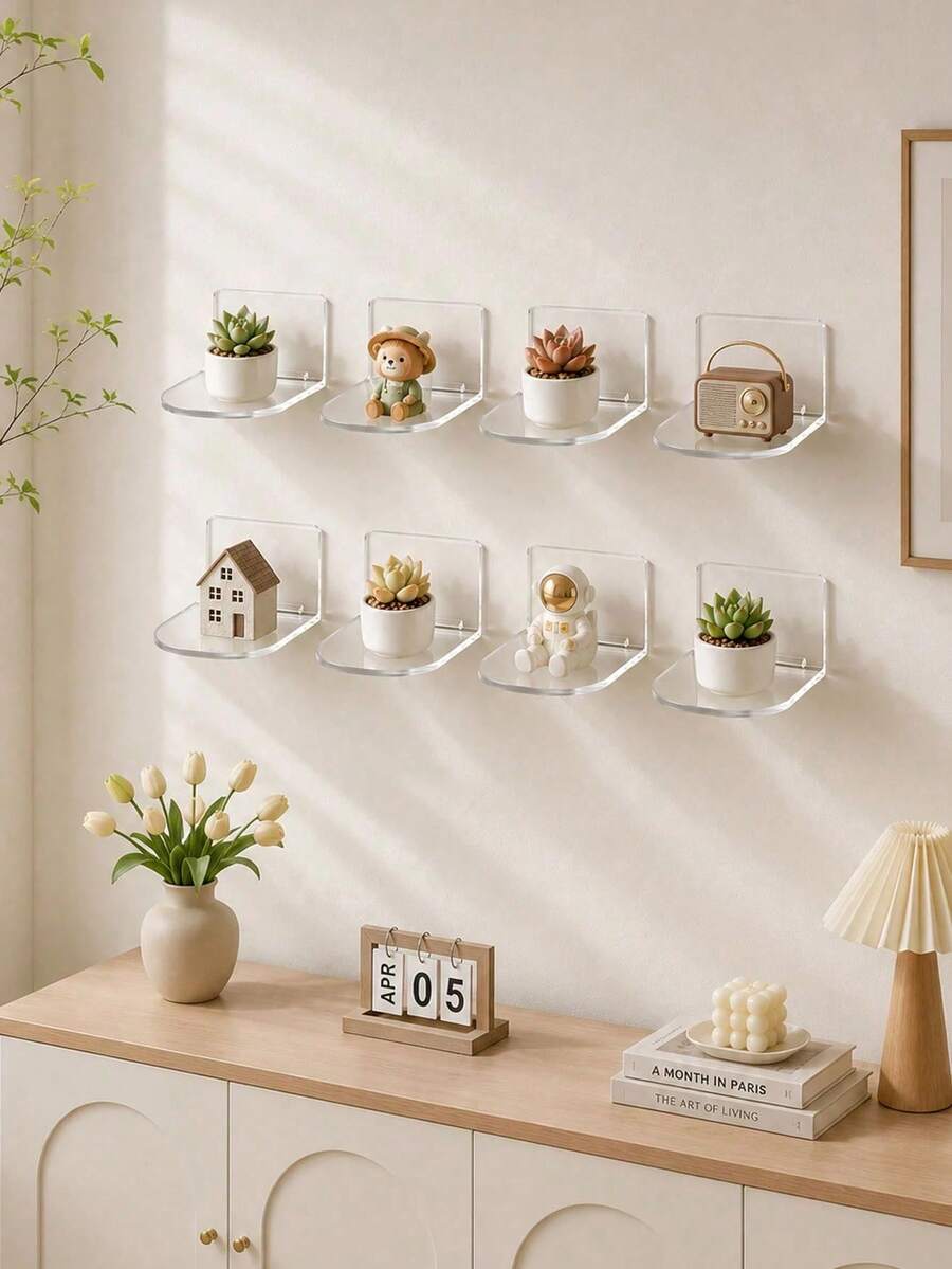 1/2/4pcs Acrylic Wall Mounted Display Shelf, No-Drill Transparent Floating Storage Rack For Collectibles, Miniature Models, Figurines, Home Decor, Earrings, Creative Jewelry Photography & Display Props - Multicolor - View 1