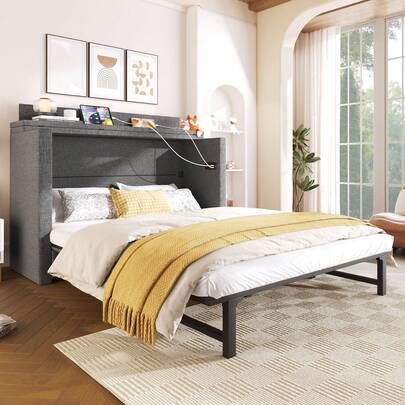 Letto armadio Flieks, 140 x 200, con un cassetto, letto armadio mobile con vano contenitore, con porte USB e Tipo-C, letto piattaforma trasformabile, senza materasso, lino