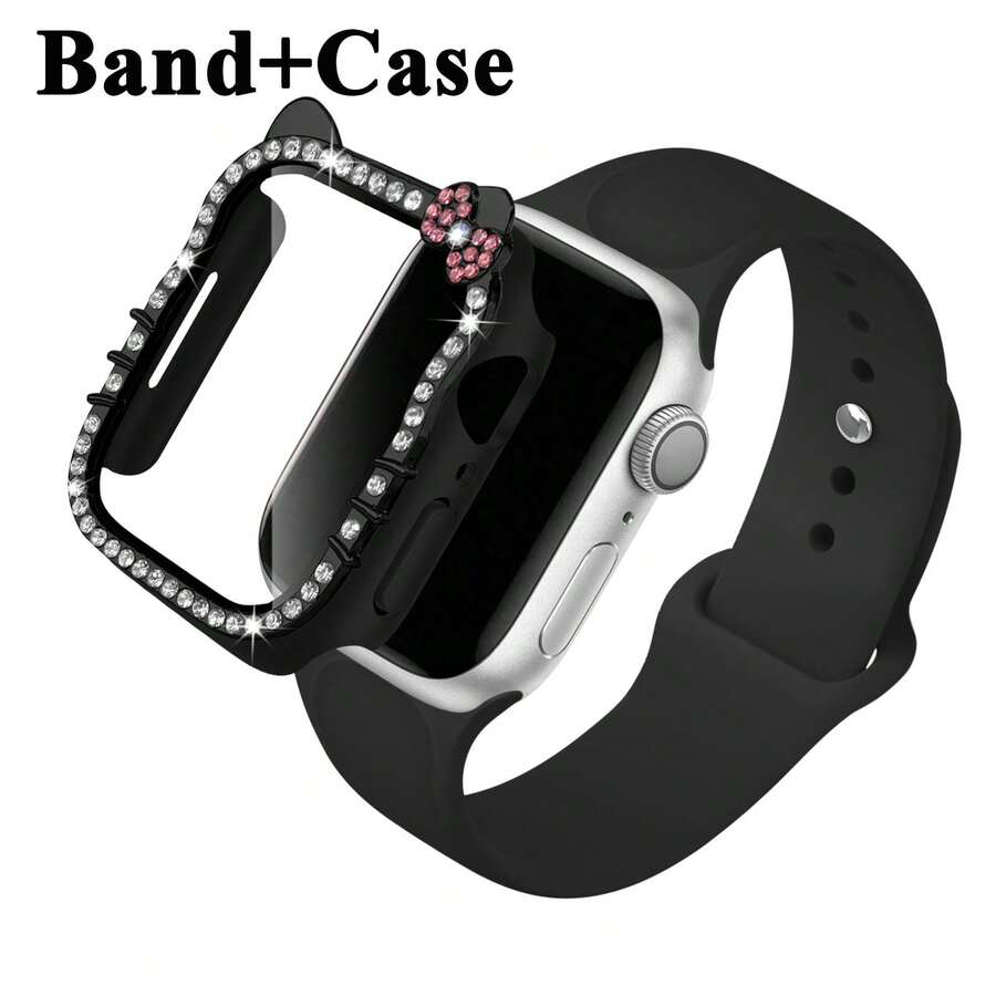 2pcs/Set Sports Silicone Watch Band, Compatible With Apple Watch 40/41/42/44/45/46/49mm, Unisex, Soft Waterproof Wristband, Replaceable Sports Watch Band, Compatible With Apple Watch Ultra 11 10 9 8 7 6 5 4 SE Series, Cartoon Pattern, Compatible With Apple Watch Case, Shiny Diamond PC With High-Definition Tempered Glass Screen Protector - Black/Black - View 1