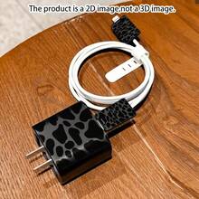 4pcs 2D Flat Design Black Asymmetrical Leopard Pattern Phone Charger Protective Set Black Charger Head Cover + Cable Protector + Storage Rope Compatible With IPhone 20W Charger, Compatible With IPhone 20W/18W Charger - Multicolor - View 2