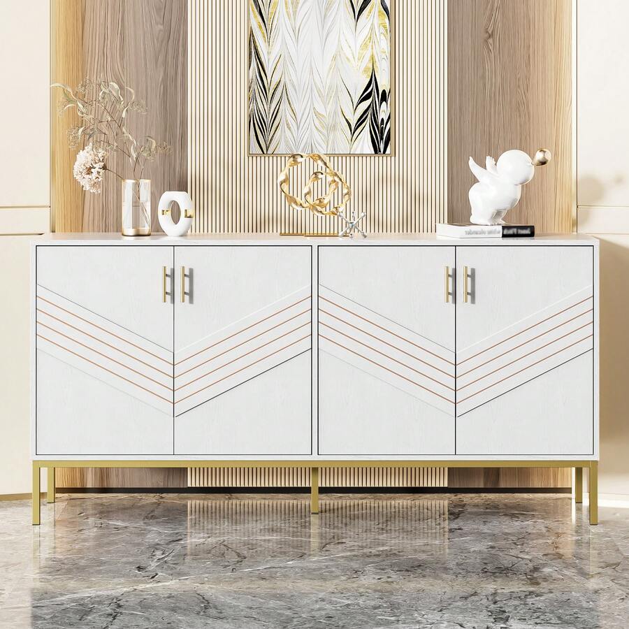 Modern Sideboard White & Brown - 4 Doors - Adjustable Shelves - Large Capacity For Living Room, - 白色和棕色 - 查看 1