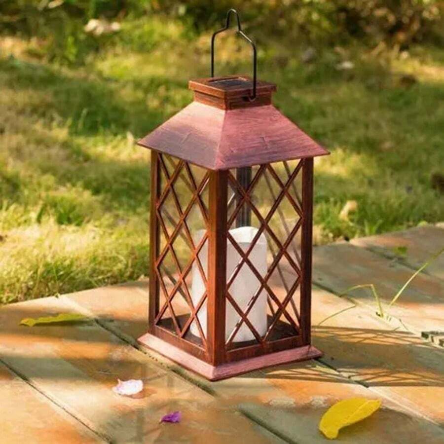 1pc Vintage Metal Lantern, Bronze Hollow Lattice Wind Lantern With Handle, Flameless Candle Holder, Home Yard Wedding Party Tabletop Decor - Large Lantern - View 1