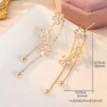Pendientes de borla de circonita sintética con diseño de flor de cerezo de lujo ligero para mujeres, versátiles y brillantes, adecuados para citas, fiestas, uso diario y regalos - Dorado - Ver 3