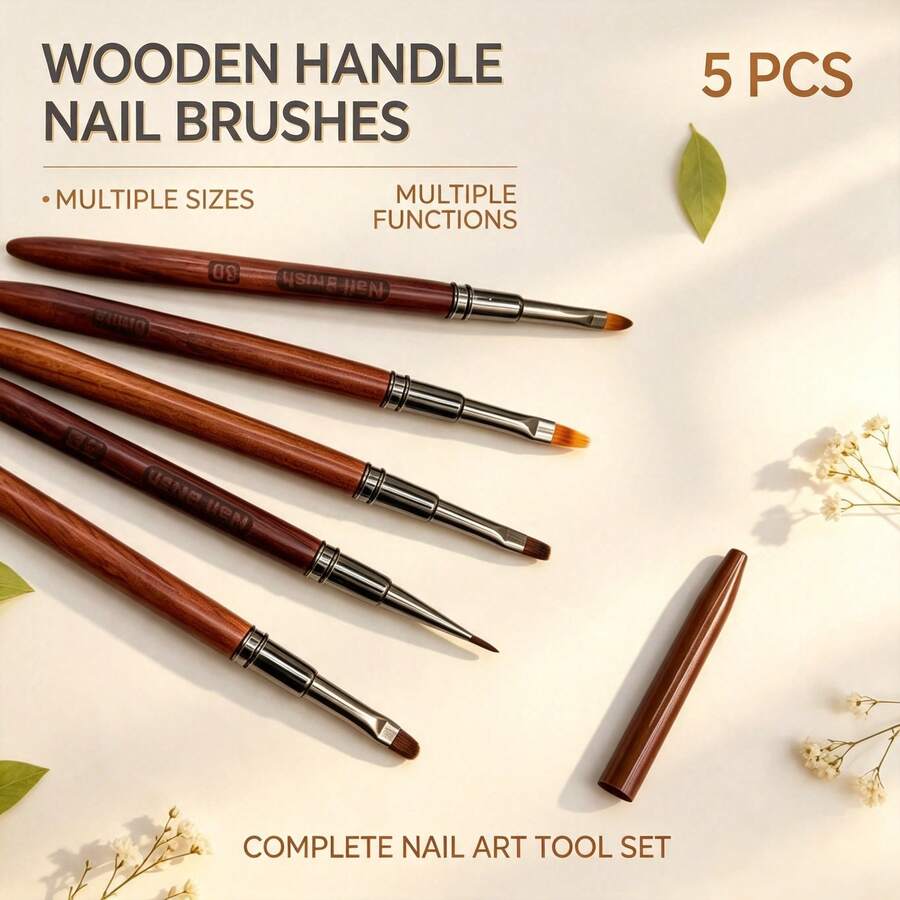 Premium Natural Wooden Nail Art Brushes, Multiple Brush Heads For Blending And Outlining