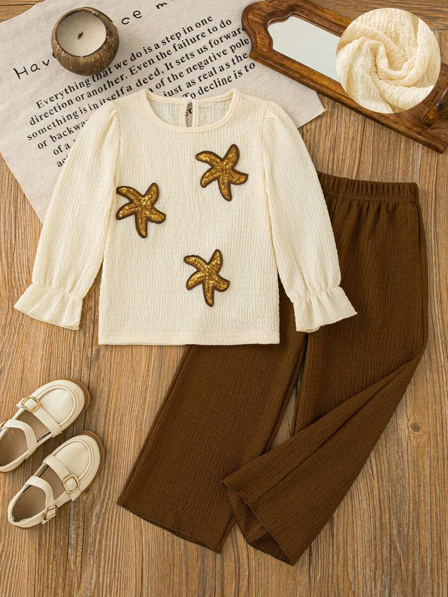 Girls' Casual Fashion Starfish Print Petal Sleeve Round Neck Long Sleeve Top And Straight Leg Pants 2 Pieces Set, Spring/Autumn - Apricot - View 1