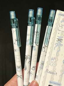 4支裝奶油藍緞帶兔子自動鉛筆 高品質學生文具套組 開學季適用 - 兔子絲帶鉛筆 - 查看 4