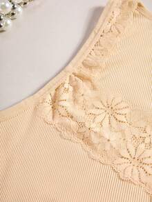 CELILIN Women's Lace Trim Ribbed Tank Top, Slim Fit Scoop Neck Layering Cami Shirt For Daily Wear & Outfits - Apricot - View 9