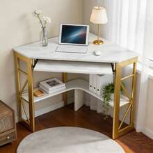 VECELO Corner Computer Desk With Smooth Keyboard & Storage Shelves For Home Office Workstation - Gold - View 2