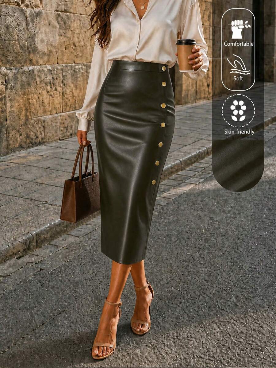 EARO 时尚优雅简约高端黑色单排扣开衩PU皮裙,女士修身半身裙,秋冬款,时尚高腰,弹力腰身,性感A字中长裙 - 樹樁綠 - 查看 1