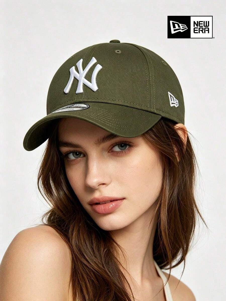 NEW ERA White NY Logo Dad Hat, Army Green Curved Brim Hip-Hop Casual Sports Cap - Green - View 1